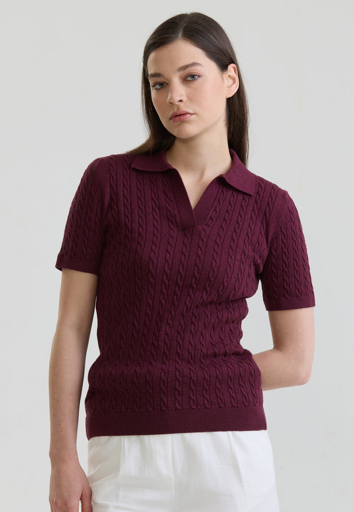 Felix Hardy T-shirt Polo Tricot Sans Boutons Femme Motif Tressé - Bordeaux