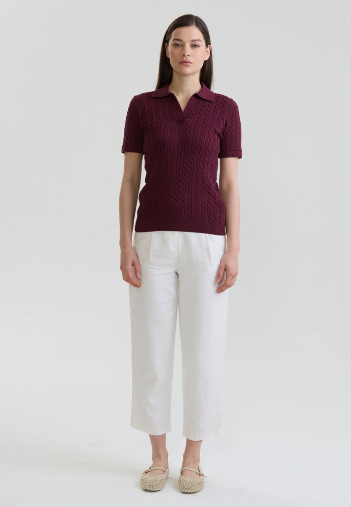Felix Hardy T-shirt Polo Tricot Sans Boutons Femme Motif Tressé - Bordeaux