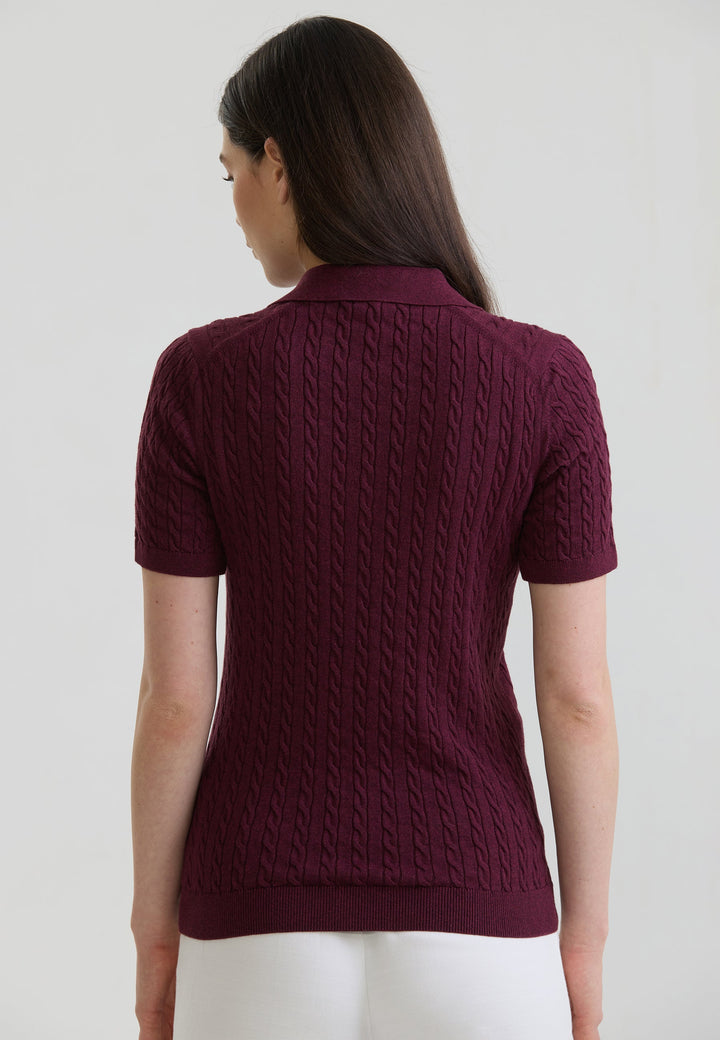Felix Hardy T-shirt Polo Tricot Sans Boutons Femme Motif Tressé - Bordeaux