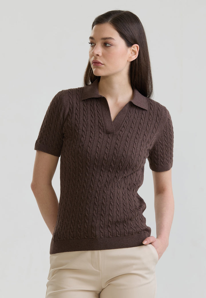 Felix Hardy T-shirt Polo Tricot Sans Boutons Femme Motif Tressé - Marron