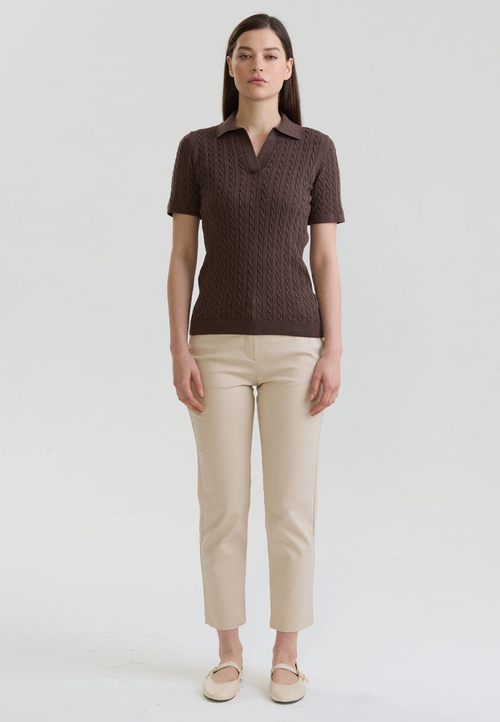 Felix Hardy T-shirt Polo Tricot Sans Boutons Femme Motif Tressé - Marron