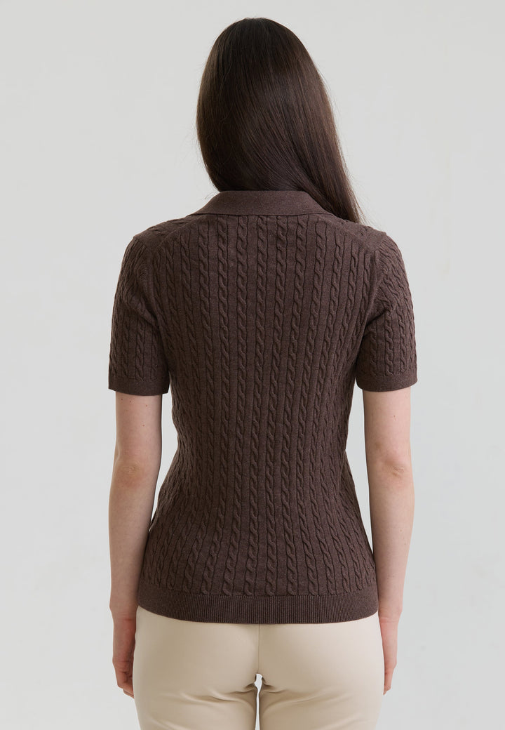 Felix Hardy T-shirt Polo Tricot Sans Boutons Femme Motif Tressé - Marron