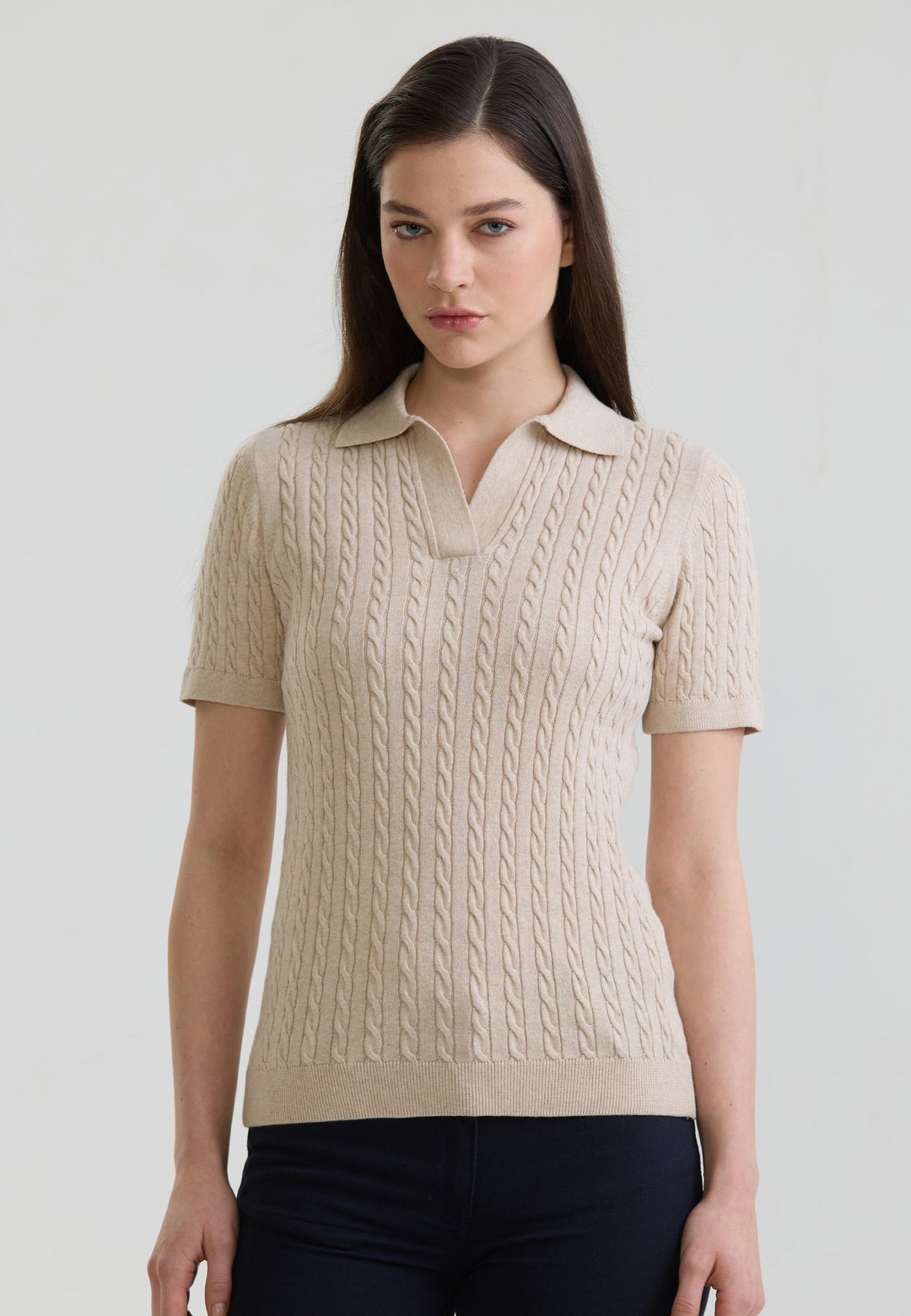 Felix Hardy T-shirt Polo Tricot Sans Boutons Femme Motif Tressé - Beige