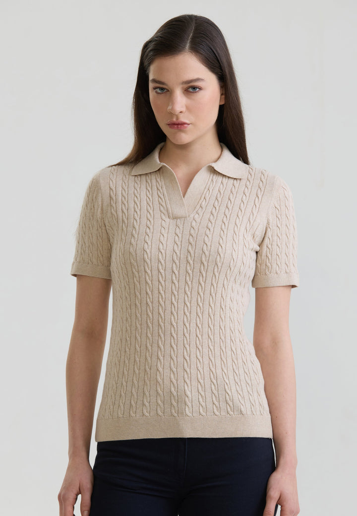 Felix Hardy T-shirt Polo Tricot Sans Boutons Femme Motif Tressé - Beige