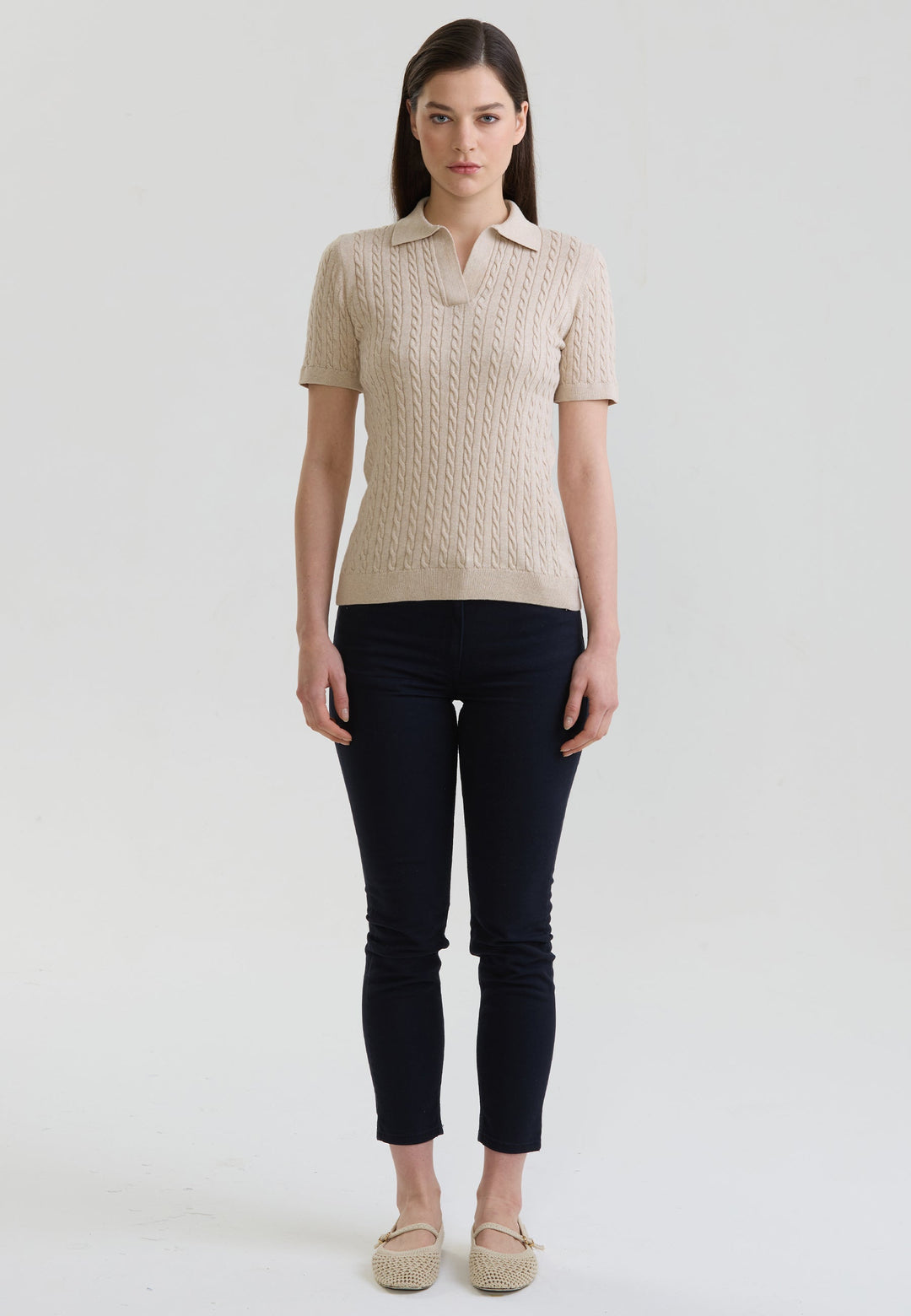 Felix Hardy T-shirt Polo Tricot Sans Boutons Femme Motif Tressé - Beige