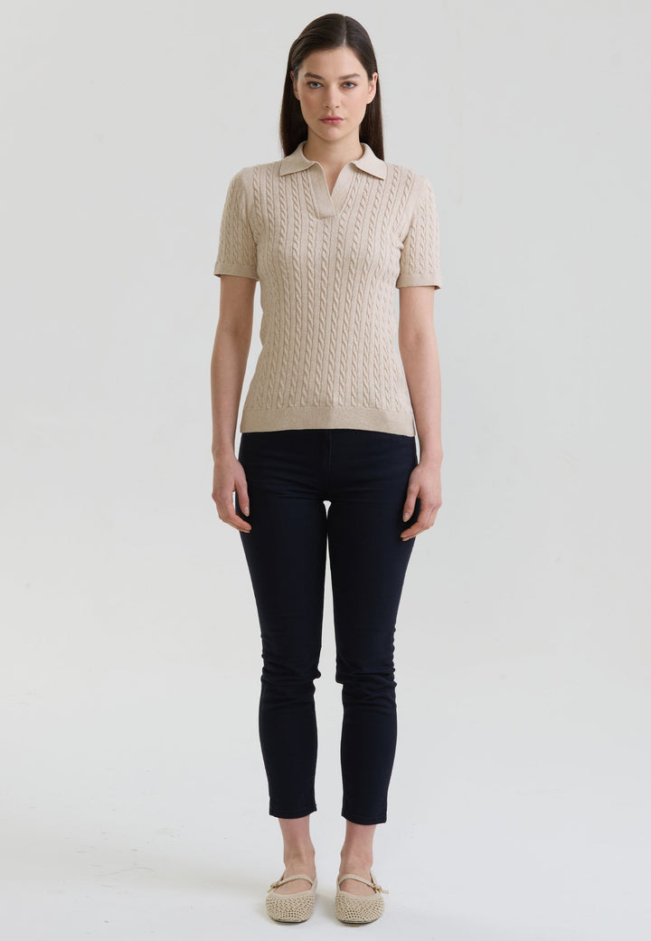 Felix Hardy T-shirt Polo Tricot Sans Boutons Femme Motif Tressé - Beige