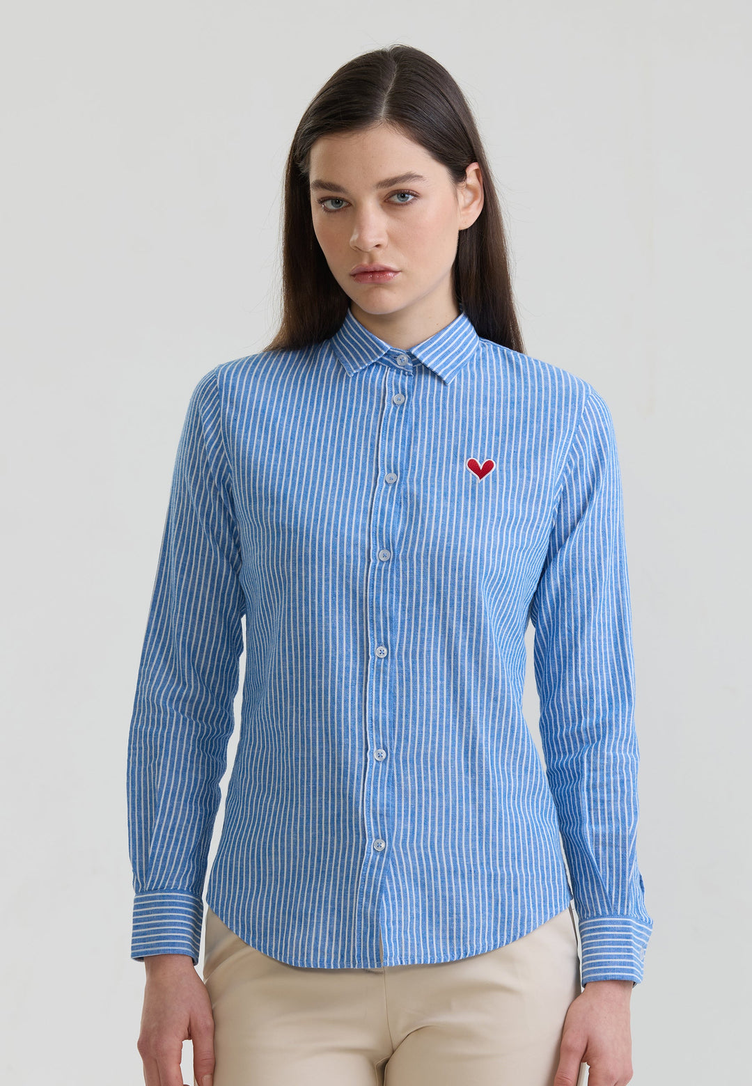 Felix Hardy Chemise à manches longues en lin mélangé à rayures pour femme - Bleu roi