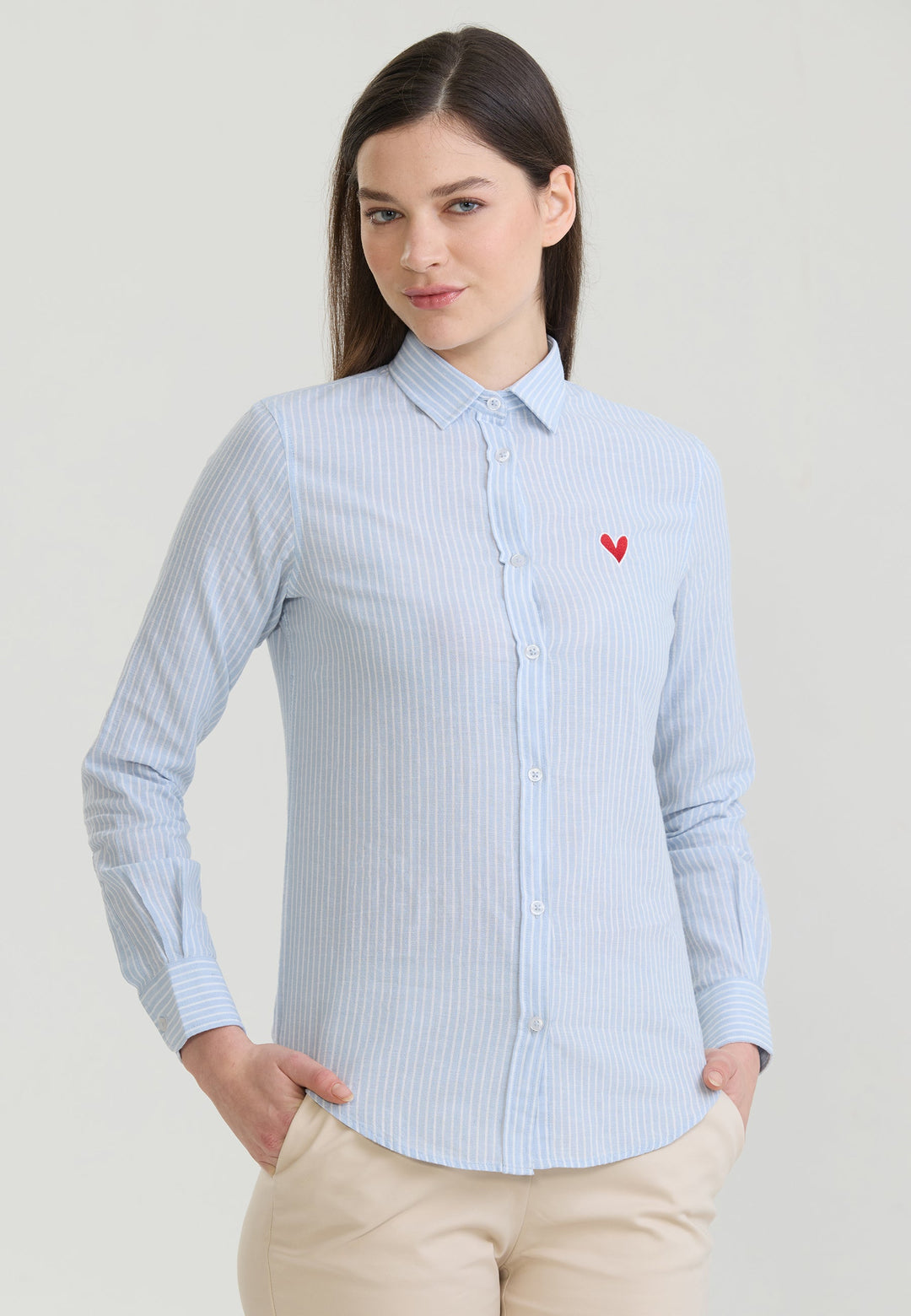 Felix Hardy Chemise à manches longues en lin mélangé à rayures pour femme - Bleu clair