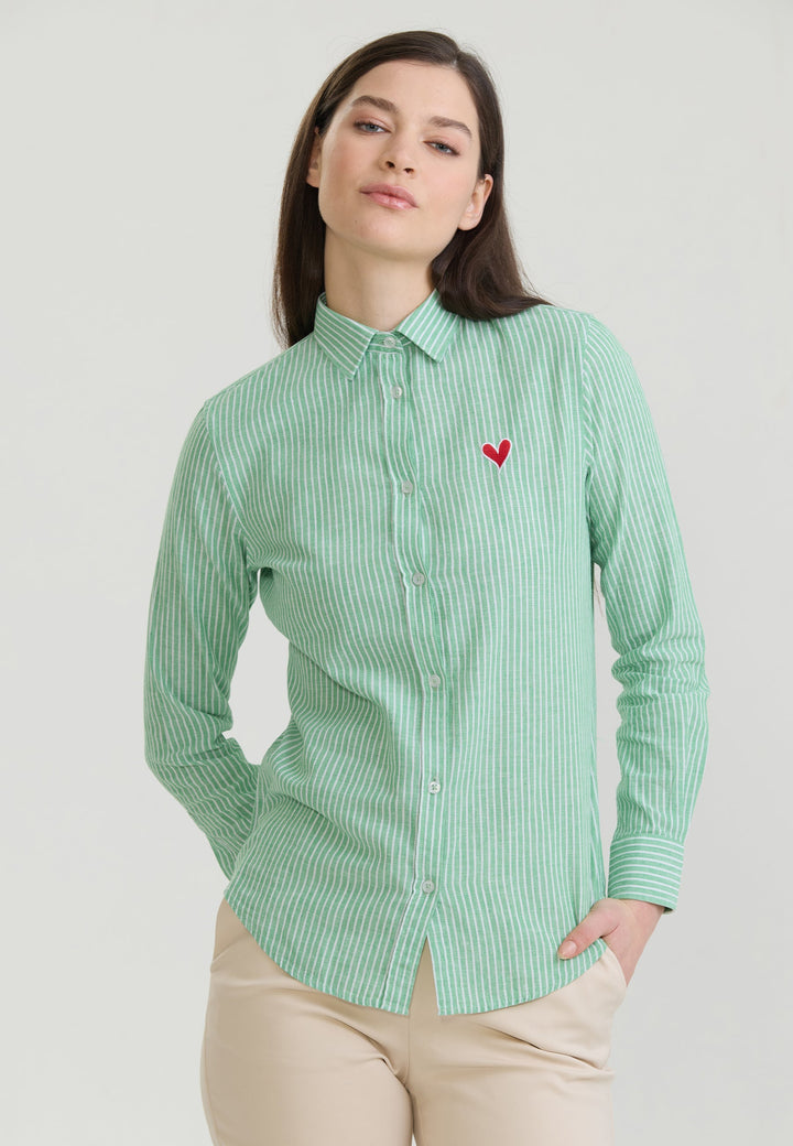 Felix Hardy Femme Chemise en Lin Mélangée Rayée à Manches Longues - Vert clair