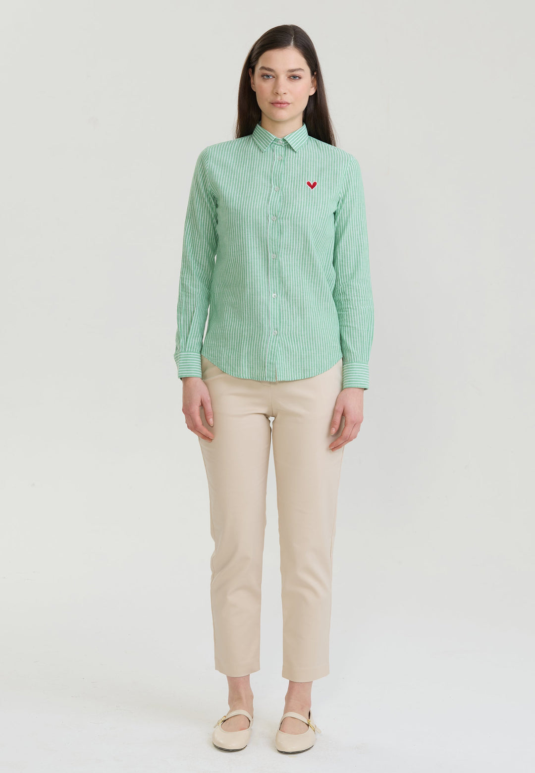 Felix Hardy Femme Chemise en Lin Mélangée Rayée à Manches Longues - Vert clair