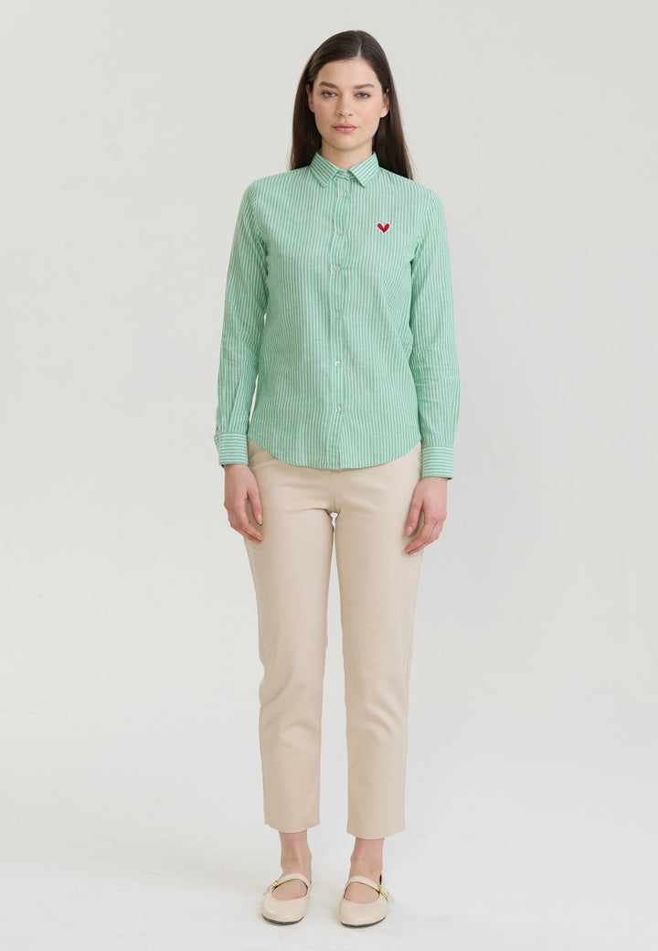 Felix Hardy Femme Chemise en Lin Mélangée Rayée à Manches Longues - Vert clair