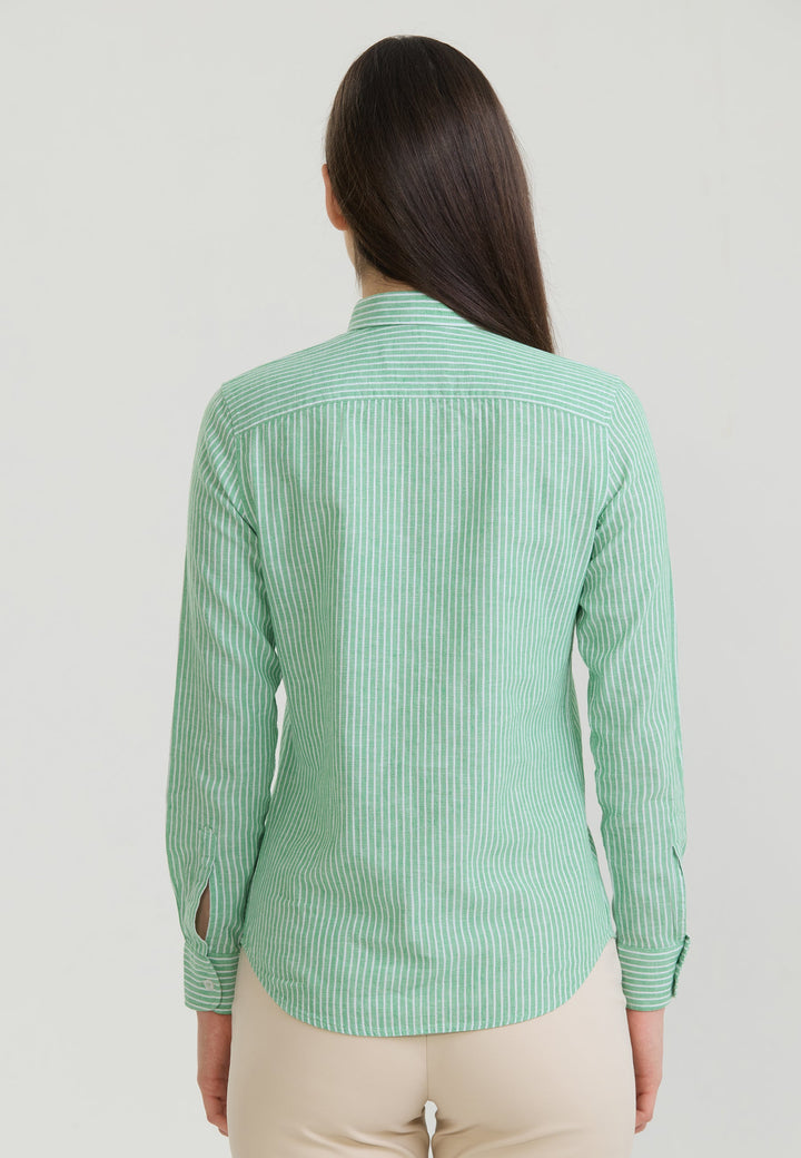 Felix Hardy Femme Chemise en Lin Mélangée Rayée à Manches Longues - Vert clair