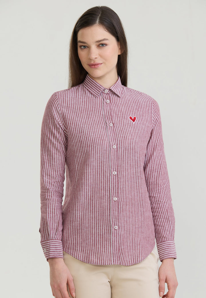 Felix Hardy Femme Chemise en Lin Mélangée Rayée à Manches Longues - Bordeaux