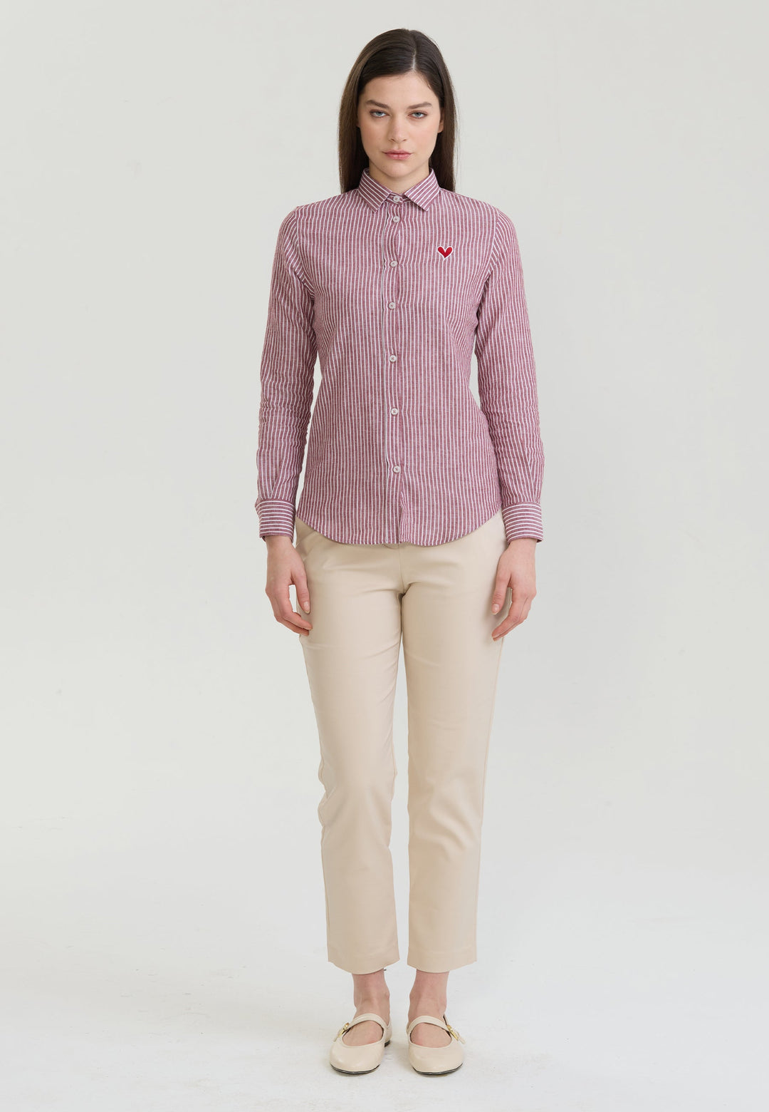 Felix Hardy Femme Chemise en Lin Mélangée Rayée à Manches Longues - Bordeaux