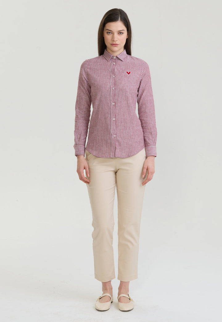 Felix Hardy Femme Chemise en Lin Mélangée Rayée à Manches Longues - Bordeaux