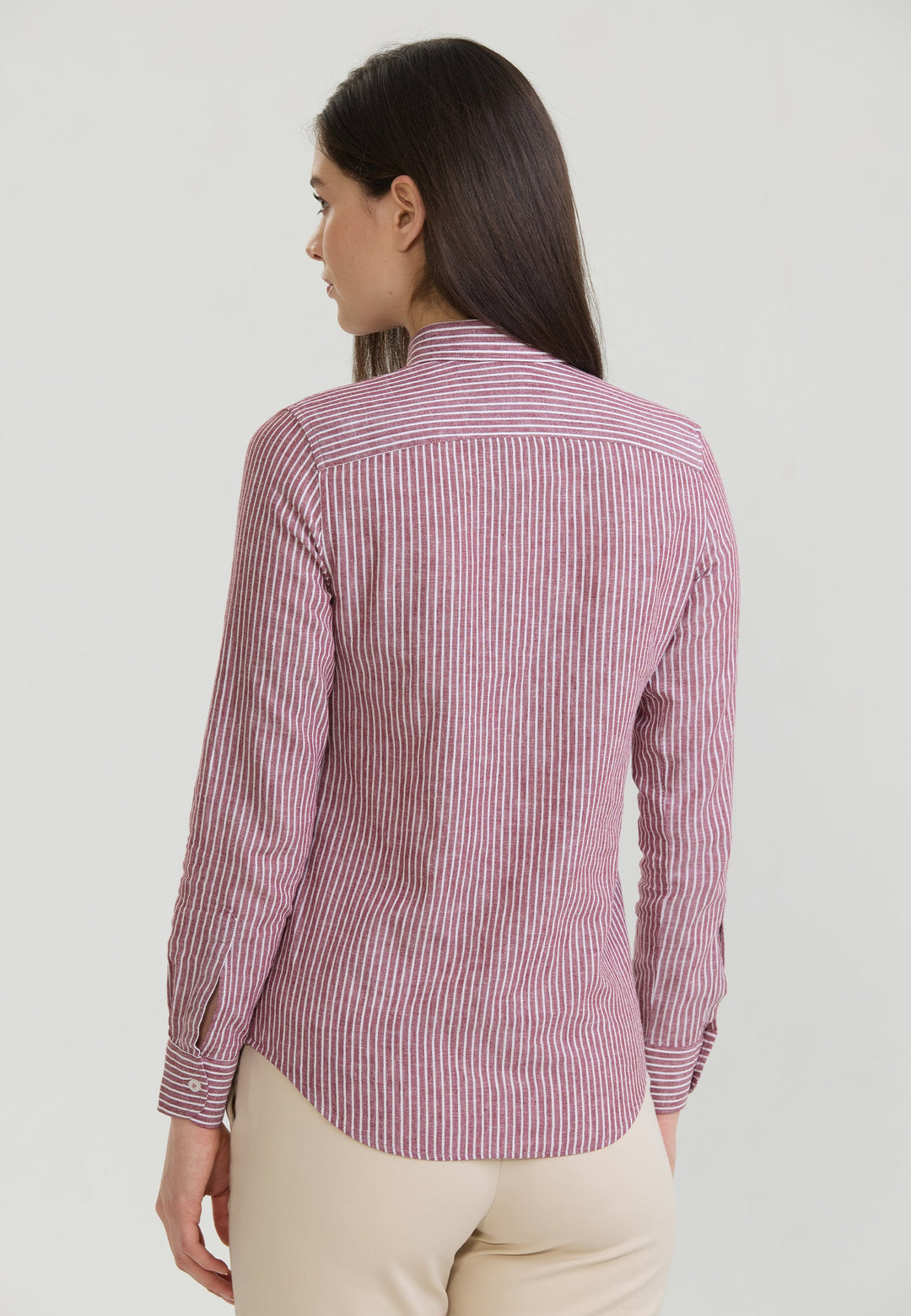 Felix Hardy Femme Chemise en Lin Mélangée Rayée à Manches Longues - Bordeaux