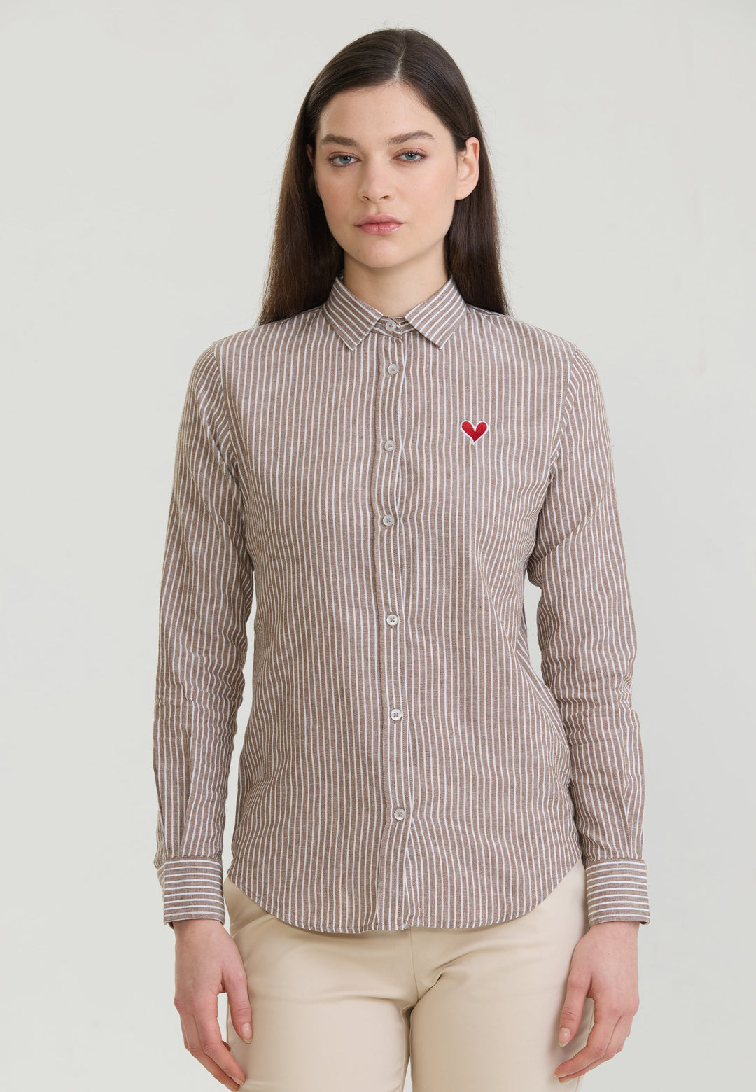 Felix Hardy Femme Chemise en Lin Mélangée Rayée à Manches Longues - Marron