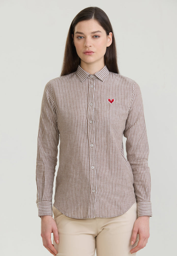 Felix Hardy Femme Chemise en Lin Mélangée Rayée à Manches Longues - Marron