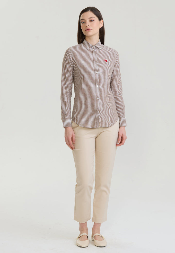 Felix Hardy Femme Chemise en Lin Mélangée Rayée à Manches Longues - Marron