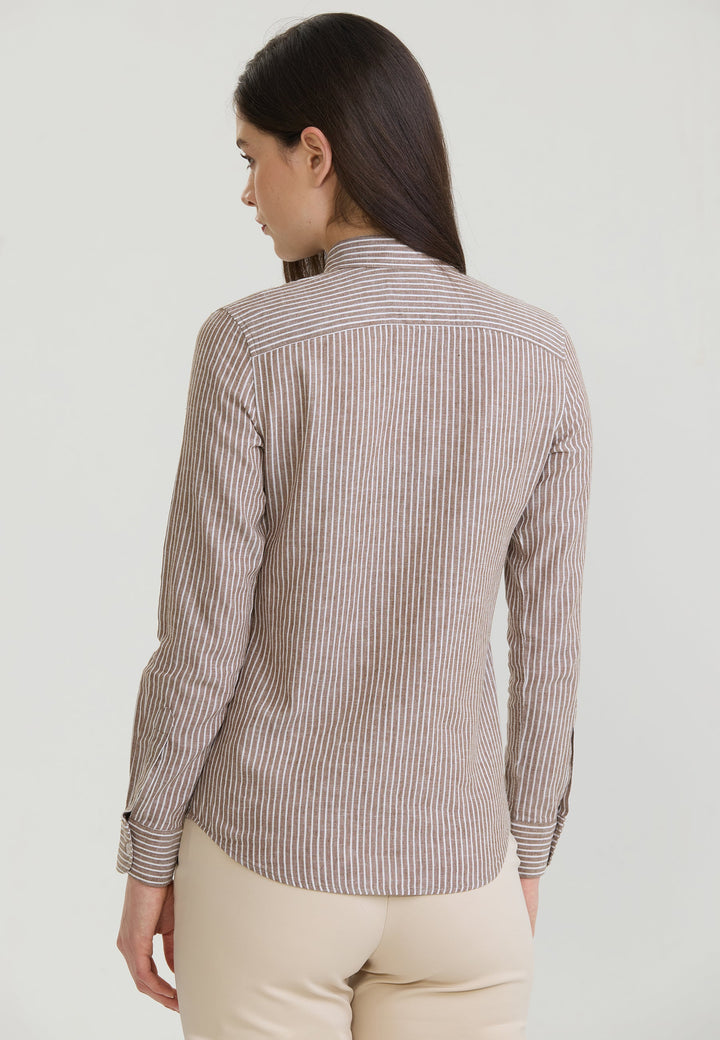 Felix Hardy Femme Chemise en Lin Mélangée Rayée à Manches Longues - Marron