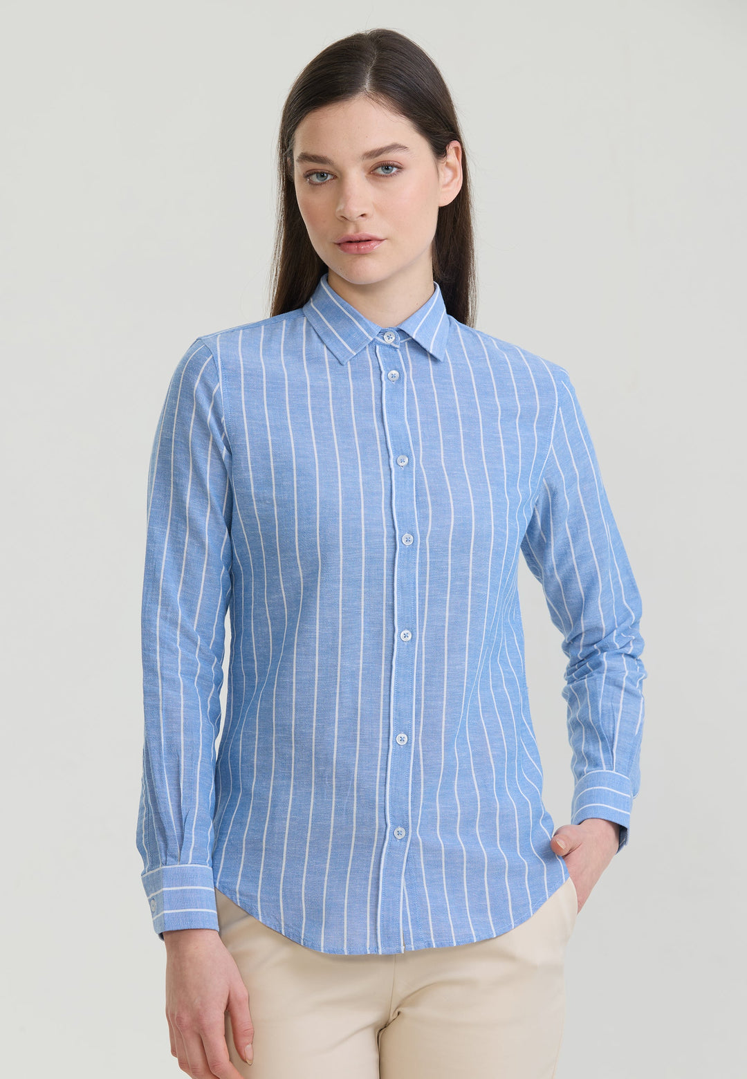 Felix Hardy Femme Chemise en Lin Rayée Mélangée - Bleu roi