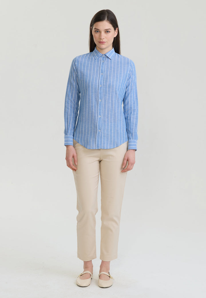 Felix Hardy Femme Chemise en Lin Rayée Mélangée - Bleu roi