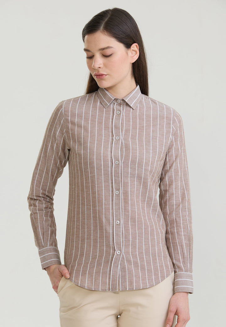 Felix Hardy Femme Chemise en Lin Rayée Mélangée - Marron