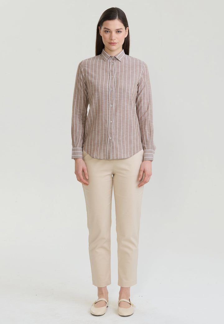 Felix Hardy Femme Chemise en Lin Rayée Mélangée - Marron