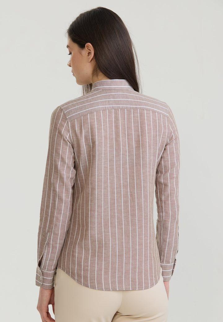 Felix Hardy Femme Chemise en Lin Rayée Mélangée - Marron