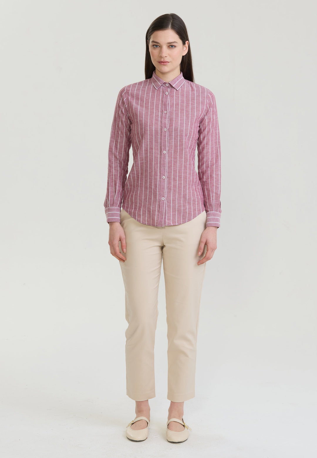 Felix Hardy Femme Chemise en Lin Rayée Mélangée - Bordeaux