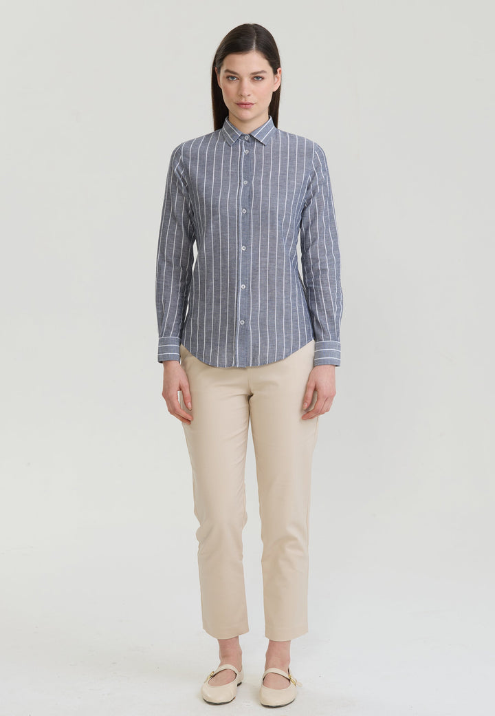 Felix Hardy Femme Chemise en Lin Rayée Mélangée - Bleu marine