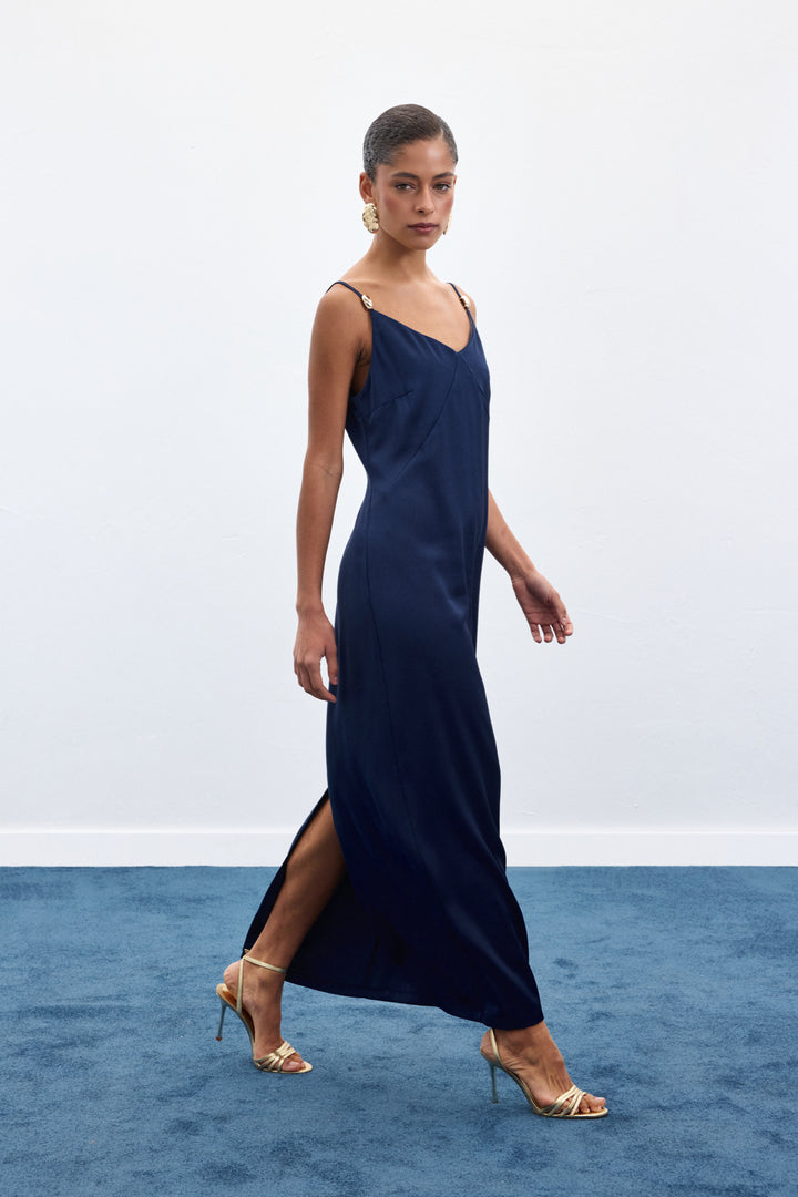 Sateen Robe Satinée à Bretelles avec Détails Accessoires - Bleu marine