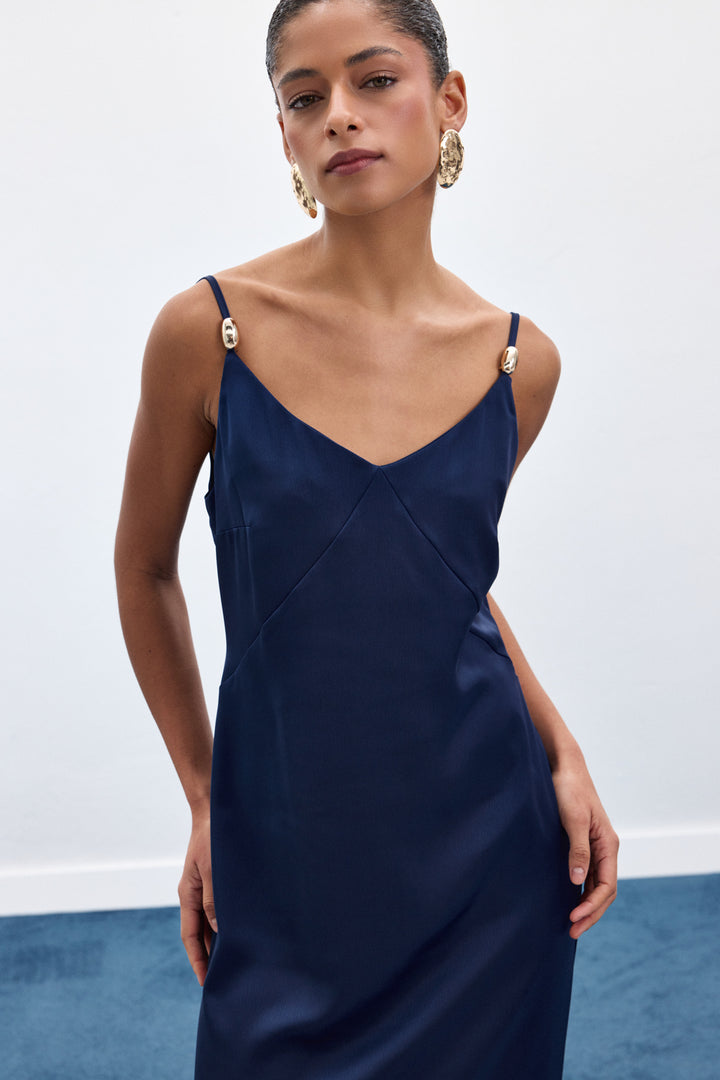 Sateen Robe Satinée à Bretelles avec Détails Accessoires - Bleu marine