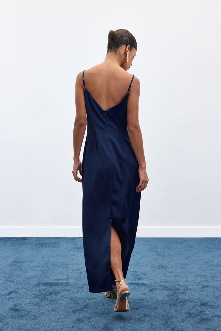 Sateen Robe Satinée à Bretelles avec Détails Accessoires - Bleu marine