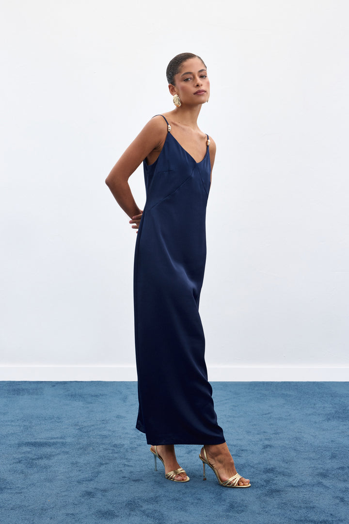 Sateen Robe Satinée à Bretelles avec Détails Accessoires - Bleu marine