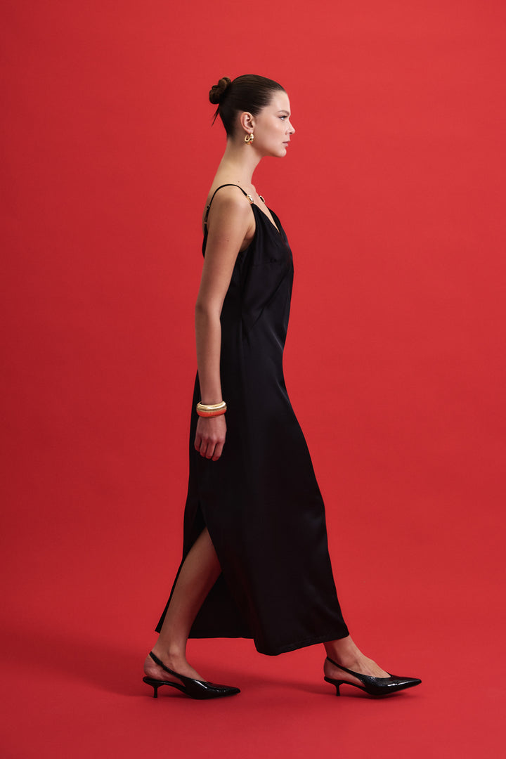 Sateen Robe Satinée à Bretelles avec Détails Accessoires - Noir