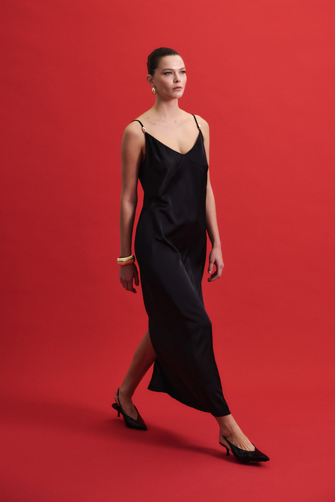 Sateen Robe Satinée à Bretelles avec Détails Accessoires - Noir