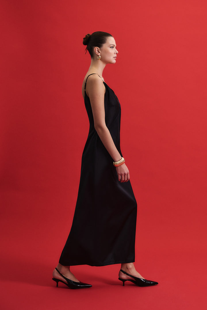 Sateen Robe Satinée à Bretelles avec Détails Accessoires - Noir