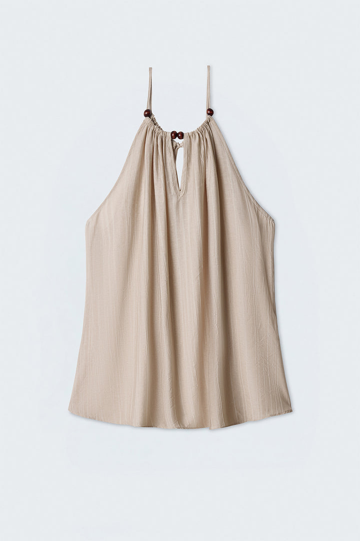 Sateen Blouse avec Détails d'Accessoires - Beige