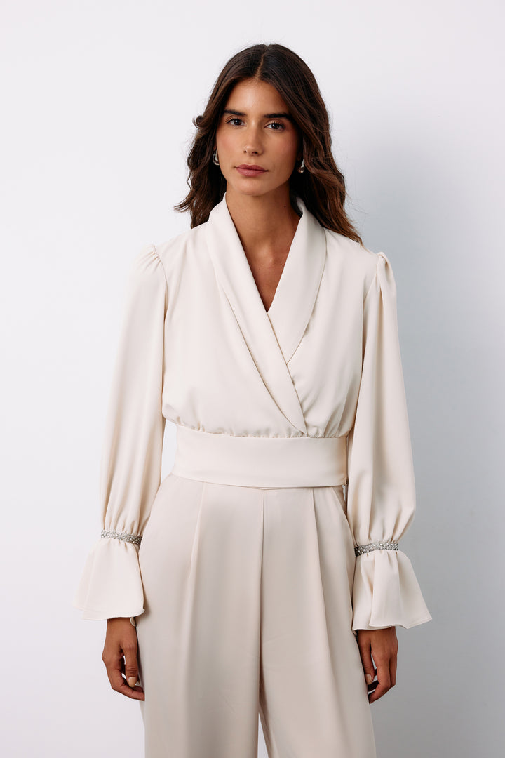 Sateen Blouse avec Détails d'Accessoires - Beige