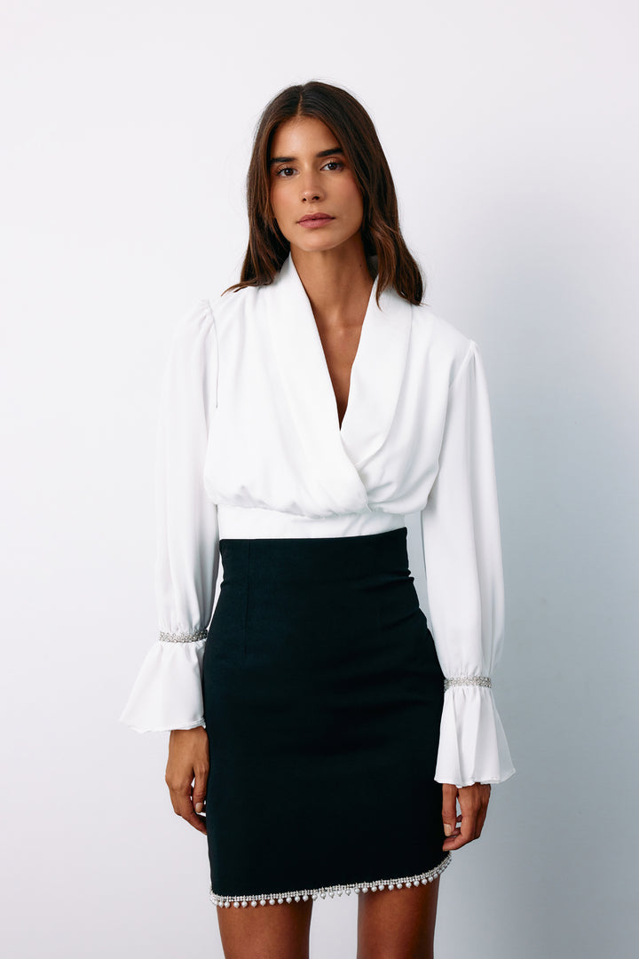 Sateen Blouse avec détails d'accessoires - Écru