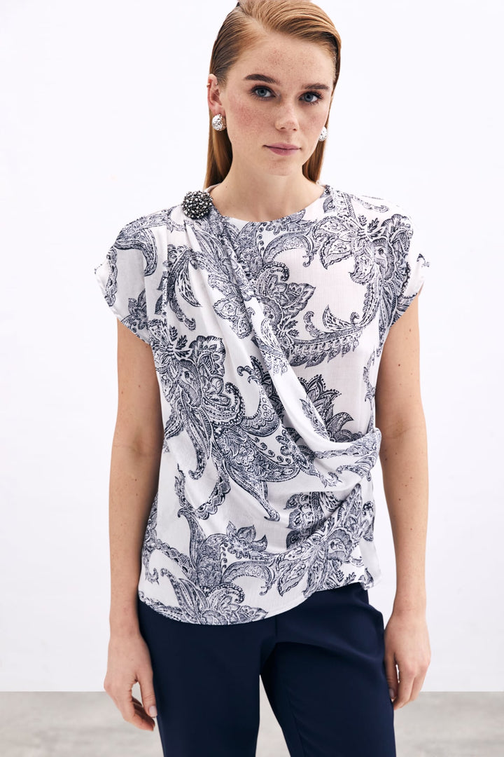 Sateen Blouse avec Détails Accessoires - Écru