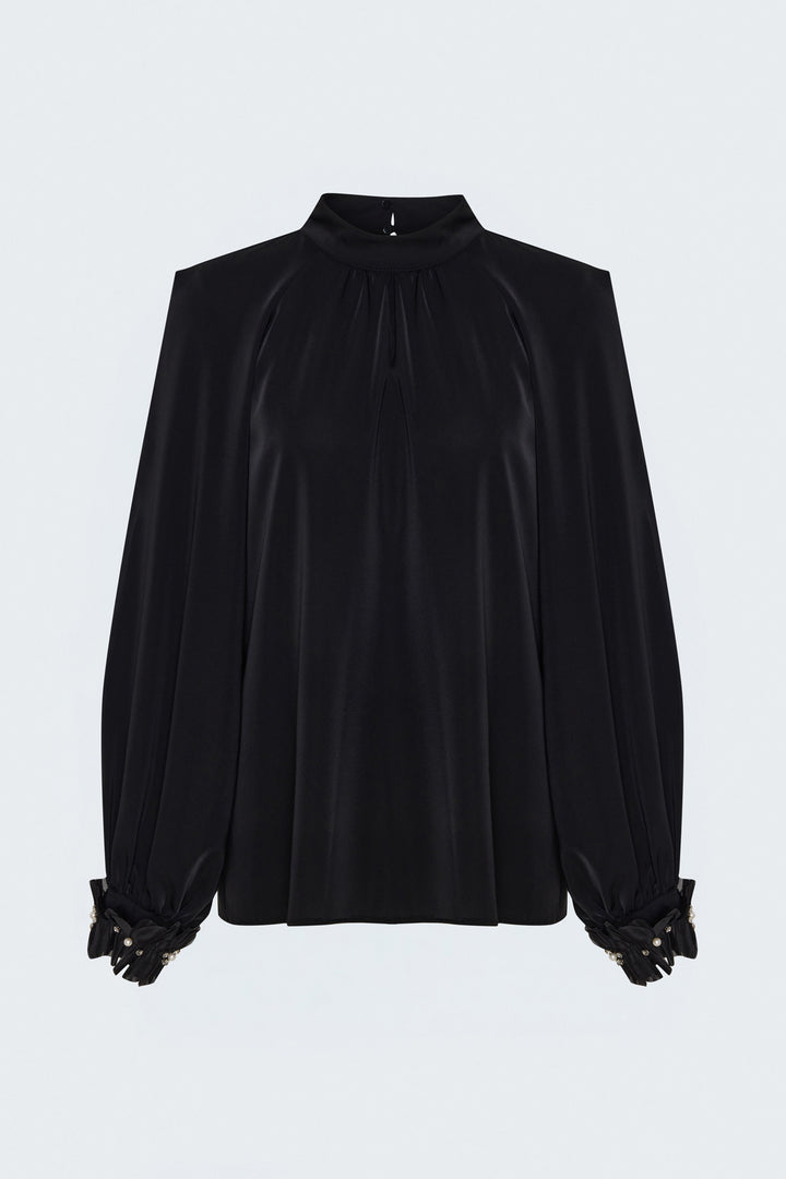 Sateen Blouse avec détail d'accessoire - Noir