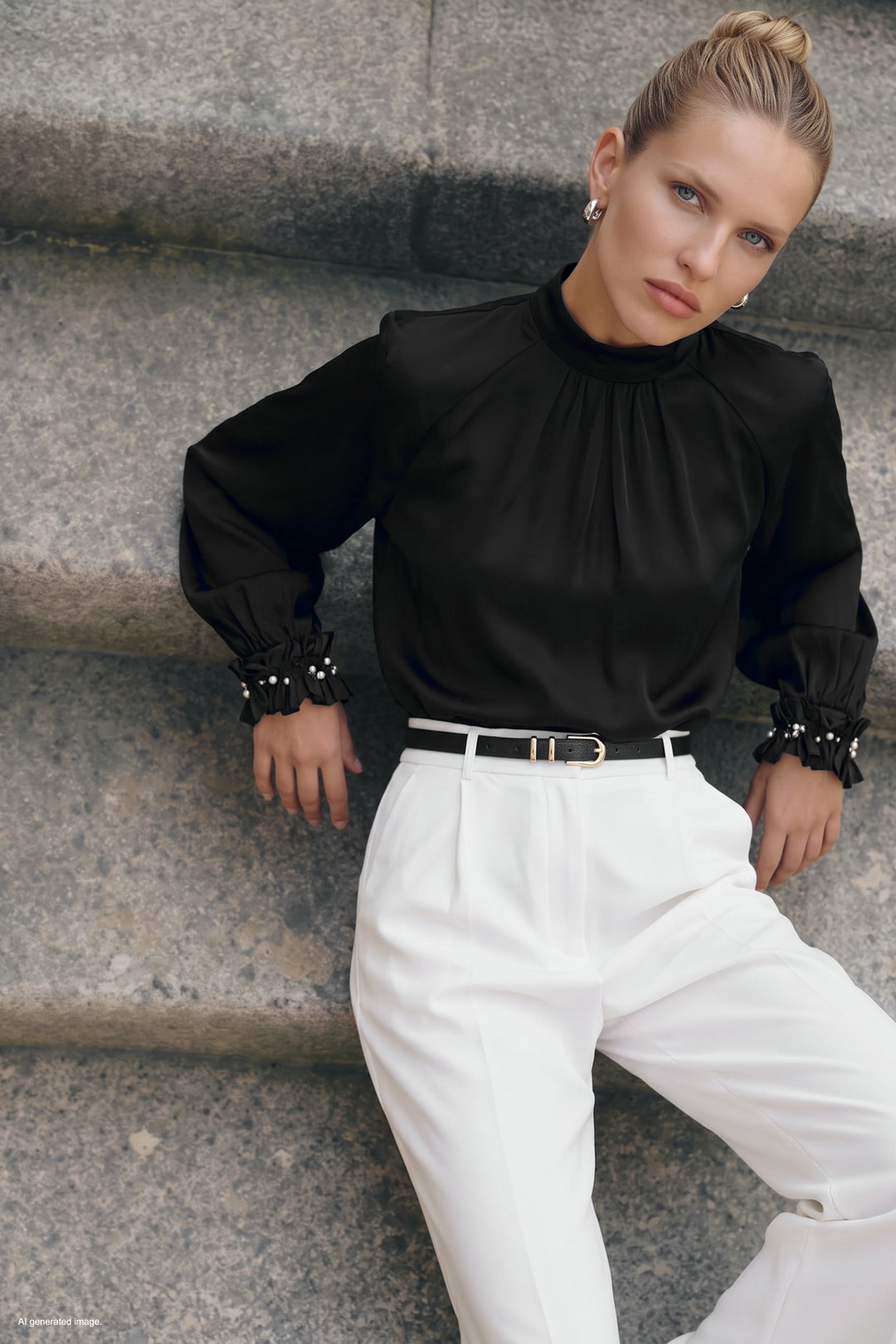 Sateen Blouse avec détail d'accessoire - Noir