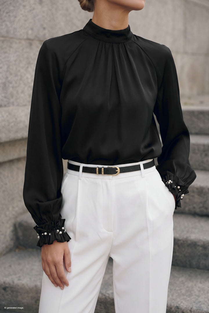 Sateen Blouse avec détail d'accessoire - Noir