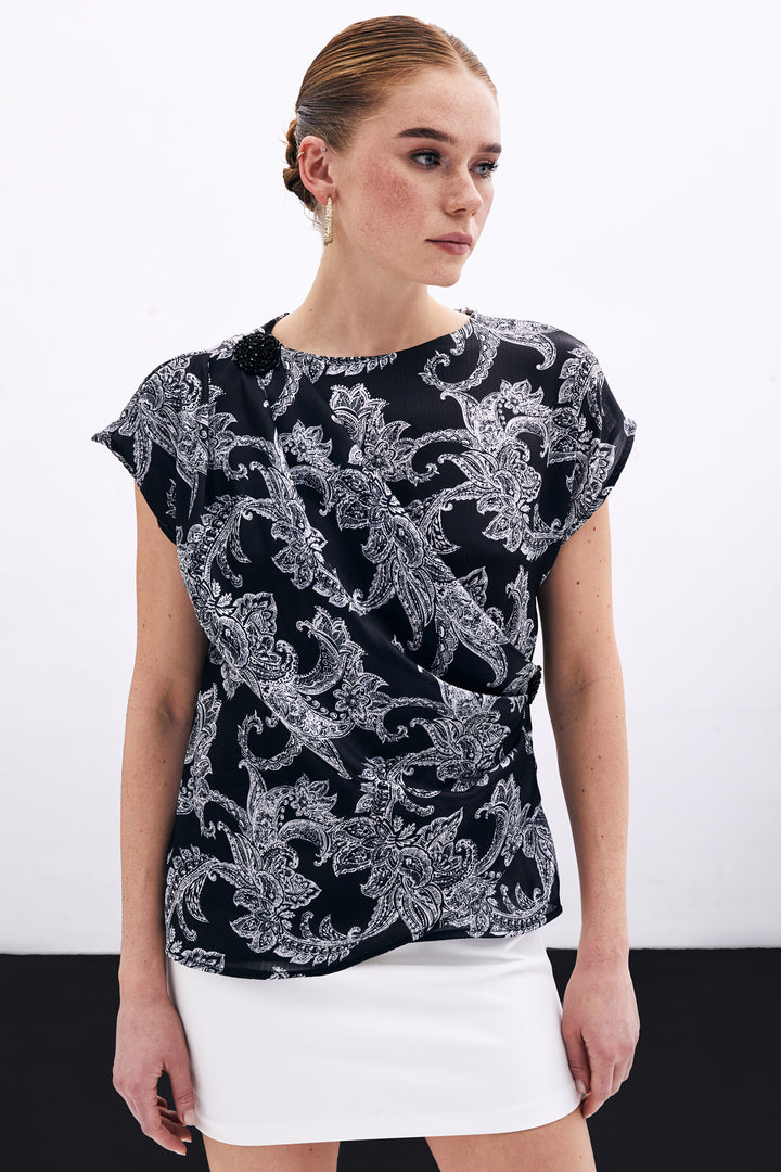 Sateen Blouse avec Détails Accessoires - Noir