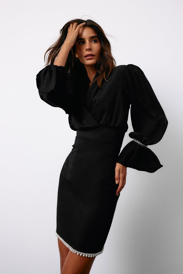 Sateen Blouse avec Détails d'Accessoires - Noir