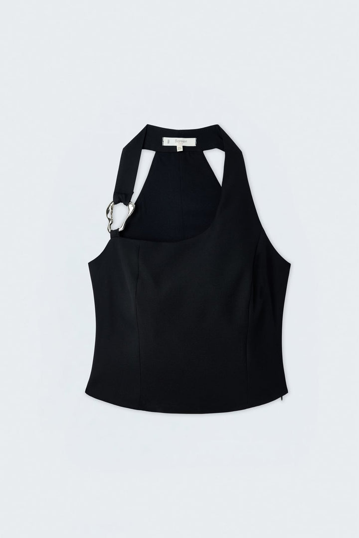 Sateen Blouse avec Détails Accessoires - Noir