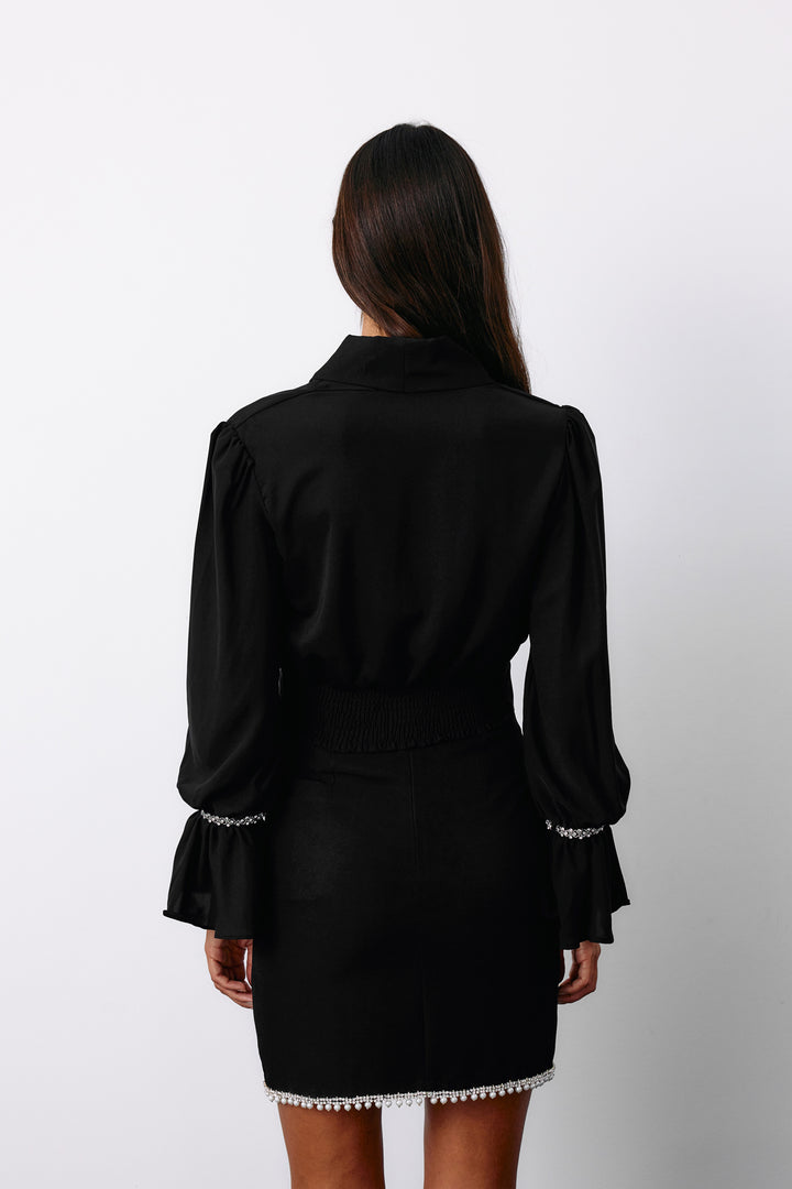 Sateen Blouse avec Détails d'Accessoires - Noir
