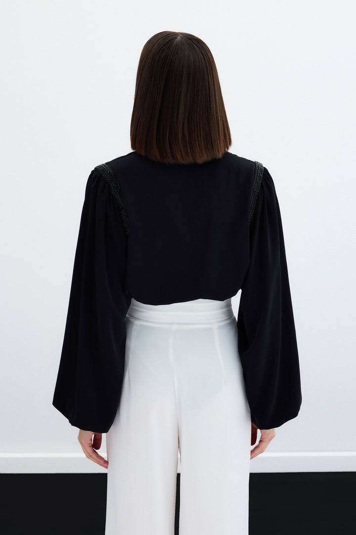 Sateen Blouse Bodysuit avec Détails Accessoires - Noir